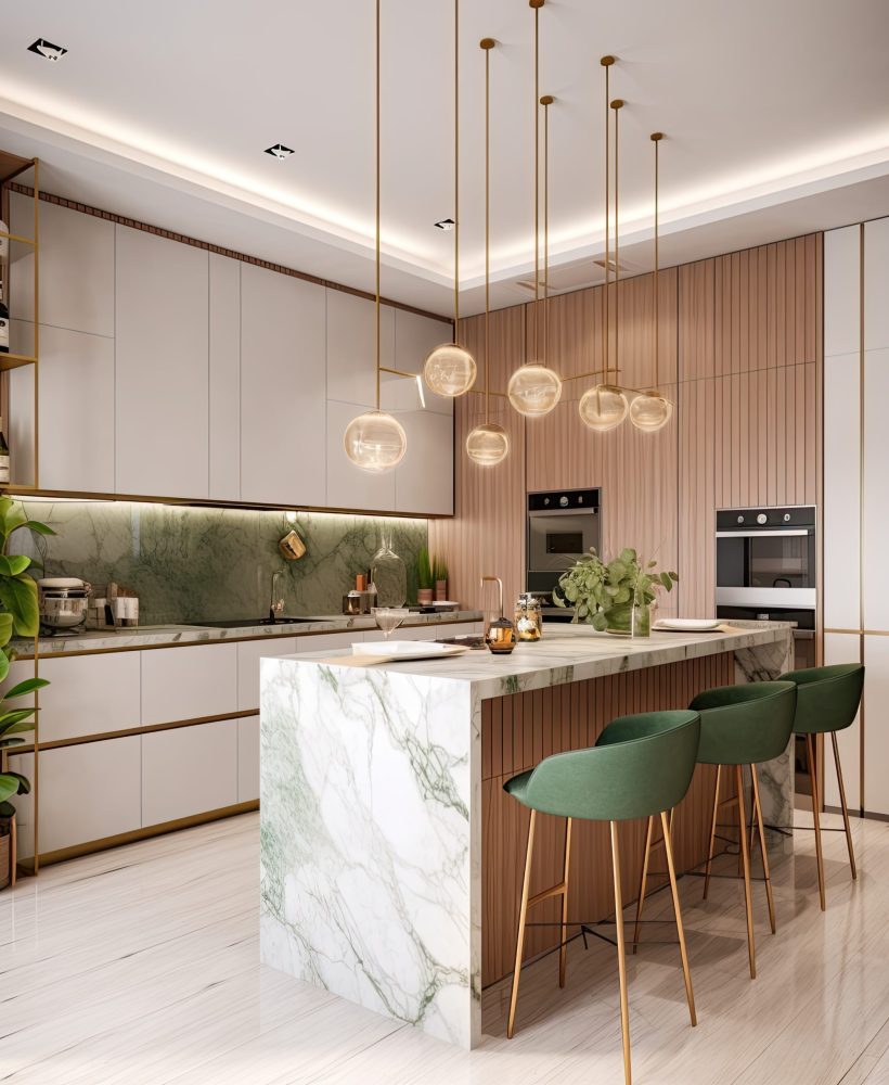A modern kitchen contains a wooden floor and a marble counter, l A modern kitchen contains a wooden floor and a marble counter, l