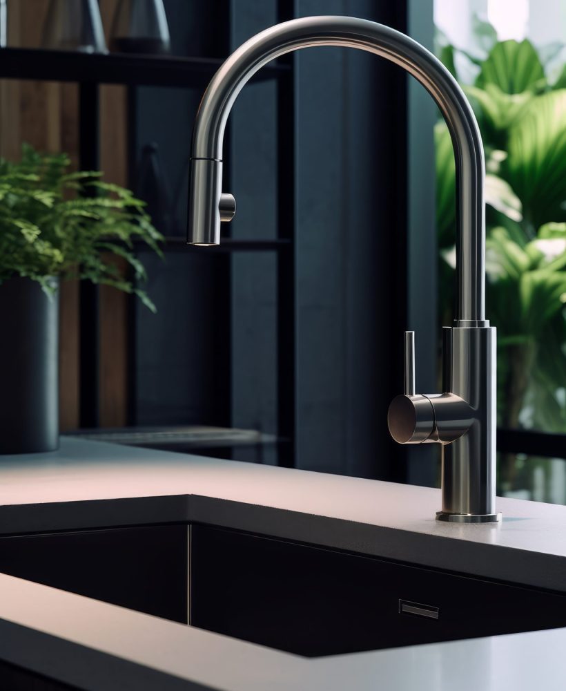 Faucet in a modern kitchen. Elegant and modern design. Generative AI Faucet in a modern kitchen. Elegant and modern design. Generative AI